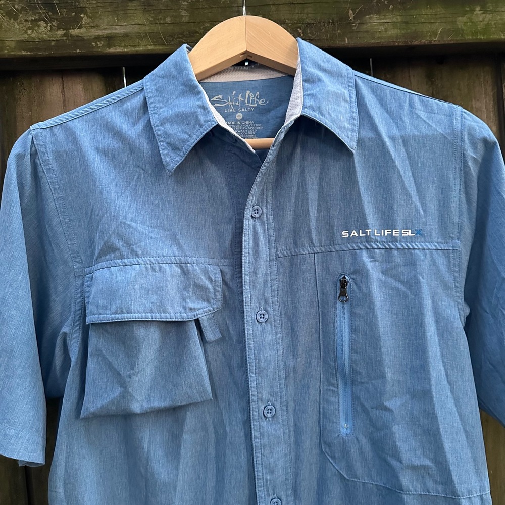 Salt Life Mens Sz Small Blue Short Sleeve Vented Fishing Shirt Stretch Utility - Picture 4 of 10